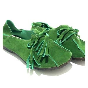 Kelly green moccasins.